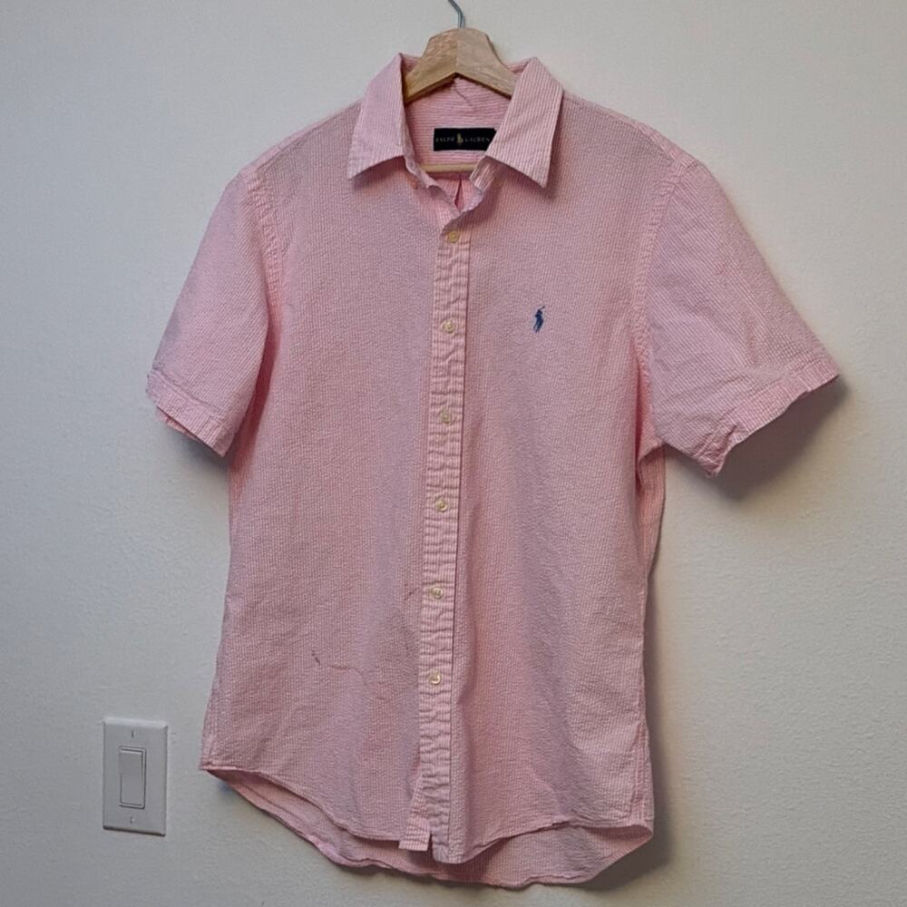 Ralph Lauren Men L Pink Striped Cotton Button-Up Short Sleeve Shirt